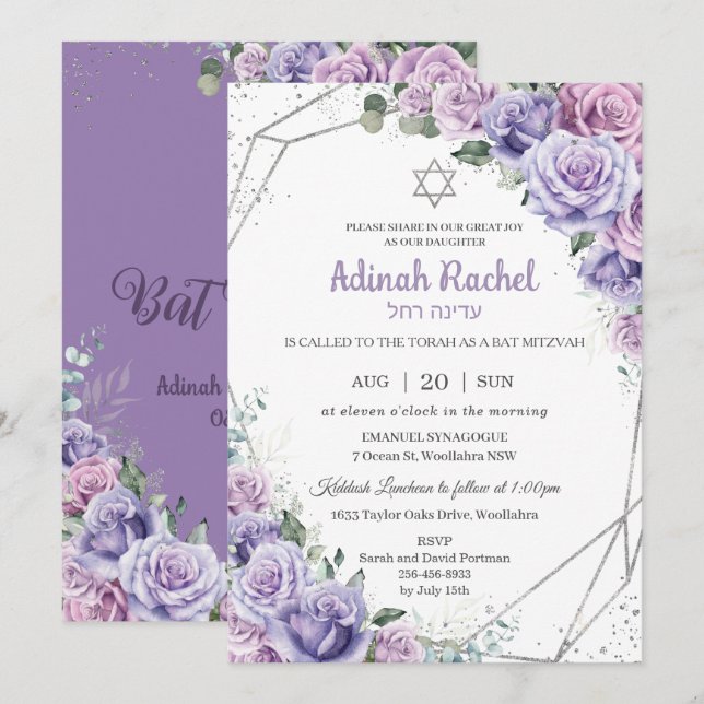 Invitación Moda Morado Rosas Florales Lilac Silver Bat Mitzva (Anverso / Reverso)