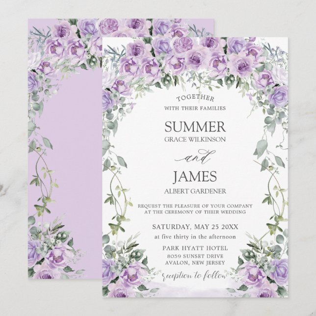 Invitación Moda Morado Rosas Lilac Floral Boda Jardín Floral (Anverso / Reverso)