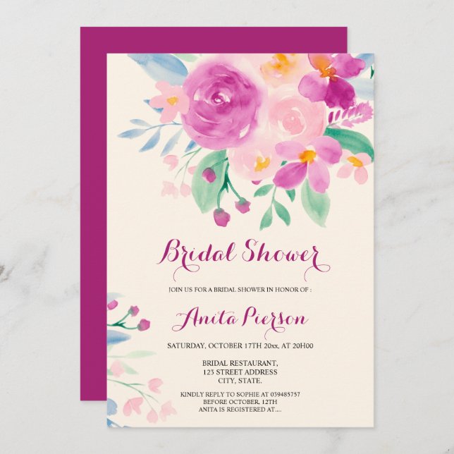 Invitación Moda morado rubor floral acuarela ducha de novia (Anverso / Reverso)