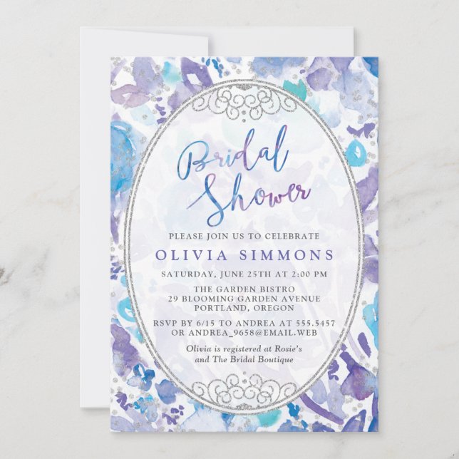 Invitación Moda Morado y Azul acuarela Floral Bridal Shower (Anverso)