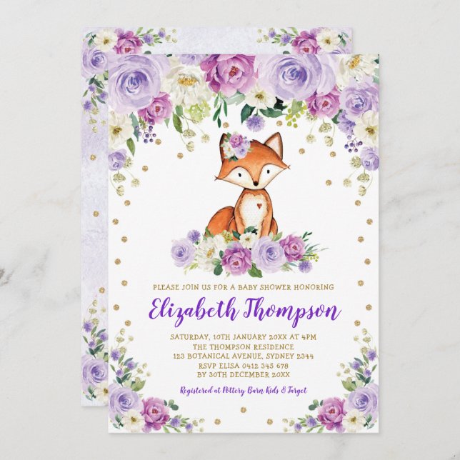 Invitación Moda Morple Floral Woodland Fox Baby Shower (Anverso / Reverso)
