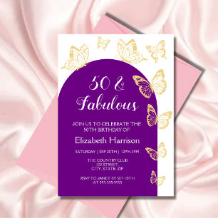 Invitación Moda Morple Gold Butterfly Fabuloso Cumpleaños