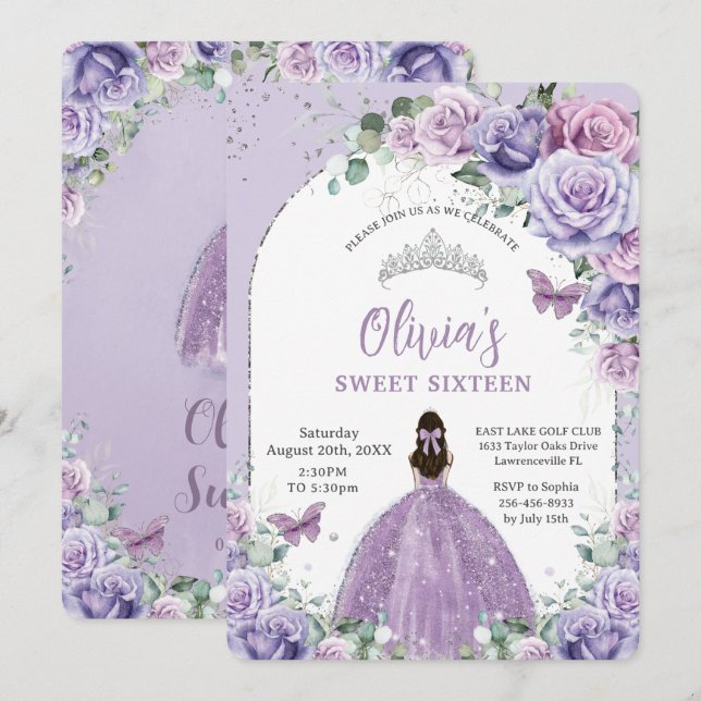 Invitación Moda Morple Lilac Floral Sweet 16 Fiesta de cumple (Anverso / Reverso)