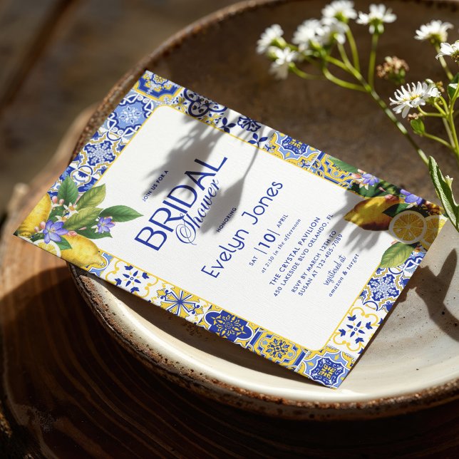 Invitación Moda Mosaic Blue Tile Lemons italiana ducha de nov (Subido por el creador)