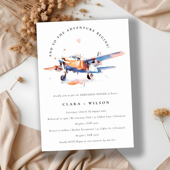 Invitación Moda Naranja azul Rubor Air Plane ensayo Cena (Subido por el creador)