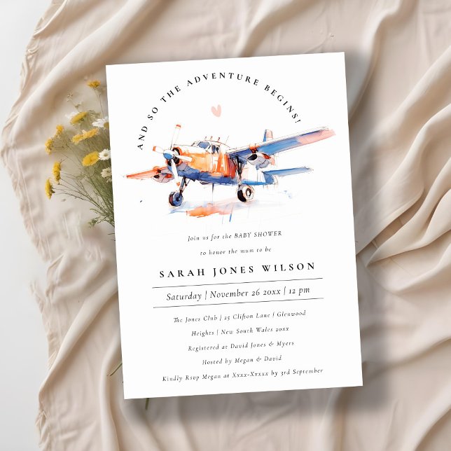 Invitación Moda Naranja azul Rubor Airplane Baby Shower (Subido por el creador)