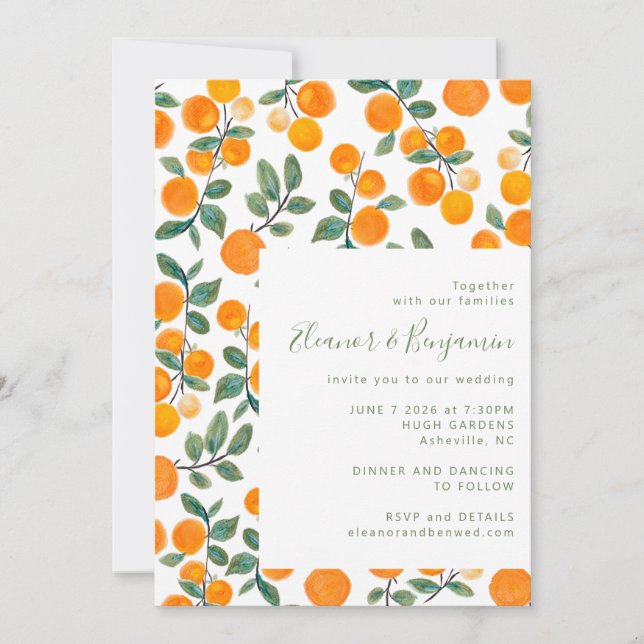 Invitación Moda Naranja de acuarela Citrus Boda de guión de f (Anverso)
