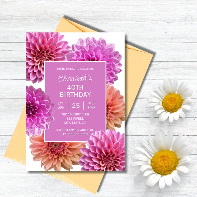 Invitación Moda Naranja rosa Dahlia Floral 40 cumpleaños (Subido por el creador)