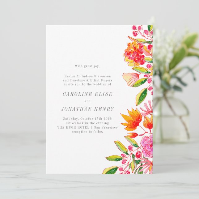 Invitación Moda Naranja rosado acuarela Floral Boda formal (Anverso de pie)