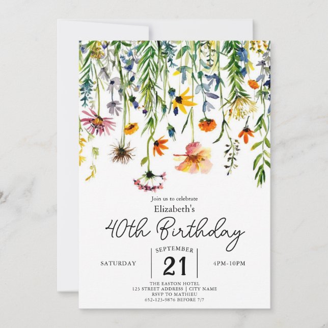 Invitación Moda Naturaleza Flores silvestres 40 cumpleaños (Anverso)