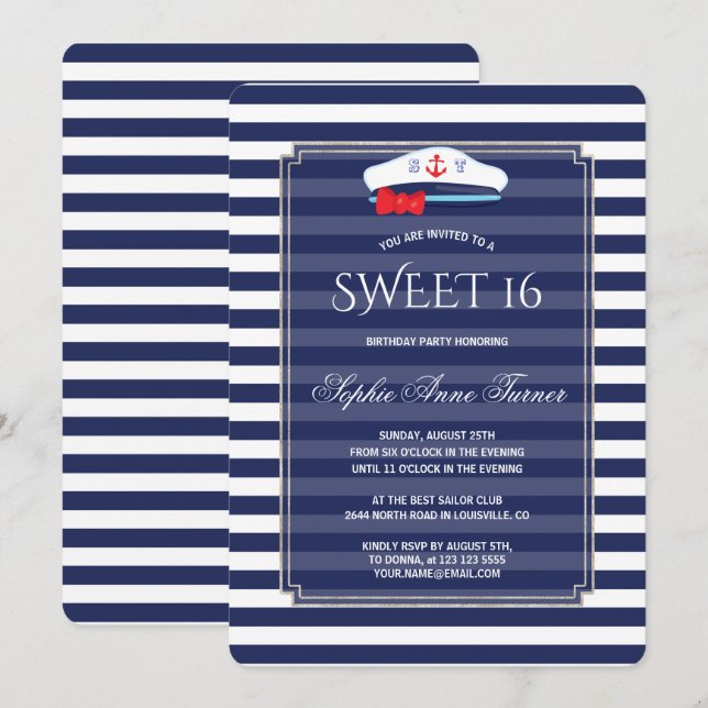Invitación Moda Nautical Navy Stripes Silver Sweet 16 Fiesta (Anverso / Reverso)