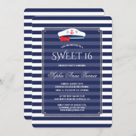 Invitación Moda Nautical Navy Stripes Silver Sweet 16 Fiesta