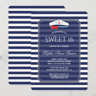 Invitación Moda Nautical Navy Stripes Silver Sweet 16 Fiesta