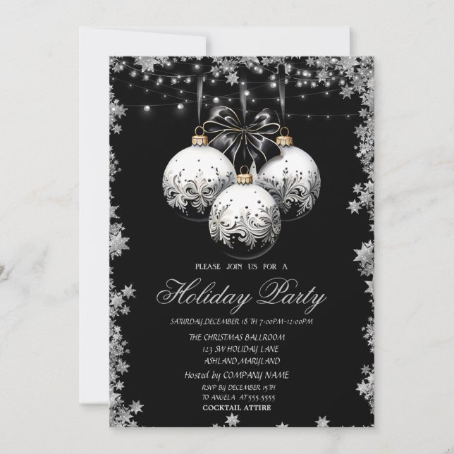 Invitación Moda Navidades blancos negros balls festividades (Anverso)