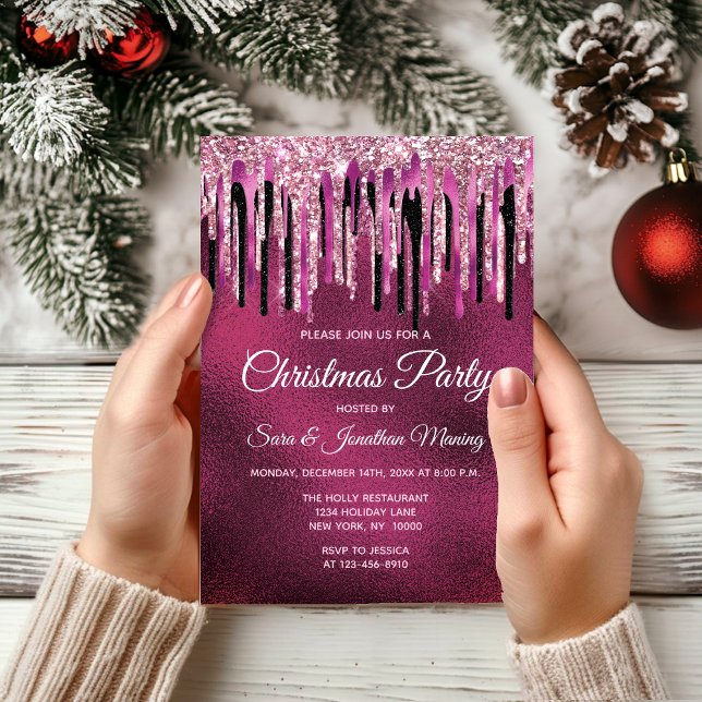 Invitación Moda Navidades purpurinas de bebederos negros rosa (Subido por el creador)
