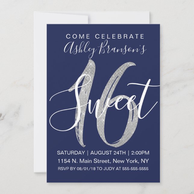 Invitación Moda Navy Blue Faux Silver Sequin Purpurina Sweet  (Anverso)