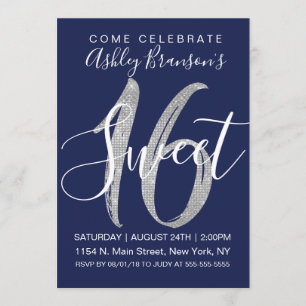 Invitación Moda Navy Blue Faux Silver Sequin Purpurina Sweet 