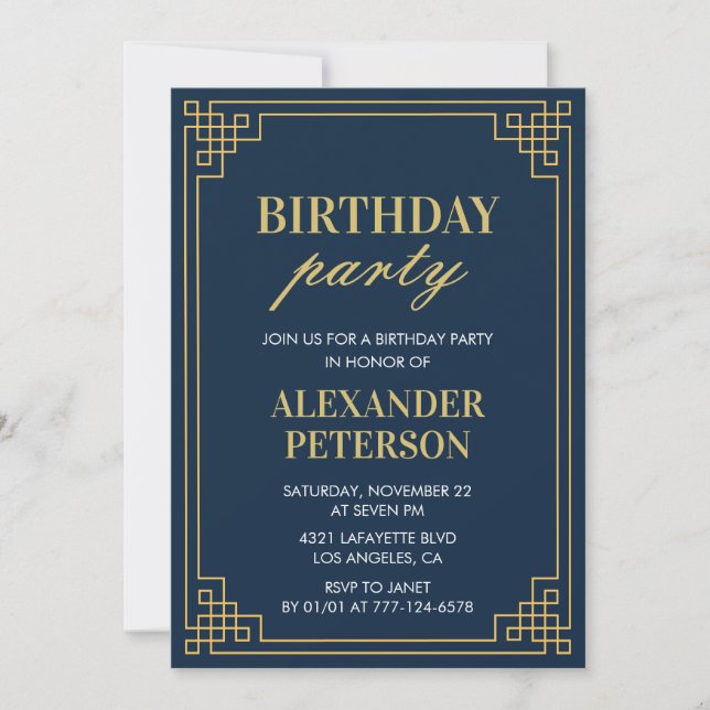 Invitación Moda Navy Blue Gold 74th Birthday Party (Anverso)