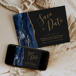Invitación Moda Navy Blue Gold Agate Dark Save the Date Card