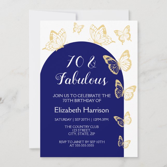 Invitación Moda Navy Blue Gold Butterflies Fabuloso Cumpleaño (Anverso)
