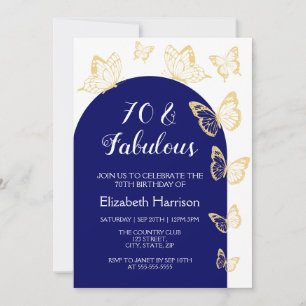 Invitación Moda Navy Blue Gold Butterflies Fabuloso Cumpleaño