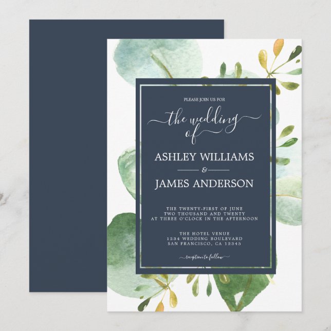 Invitación Moda Navy Blue Green Eucalyptus Boda Botánico (Anverso / Reverso)