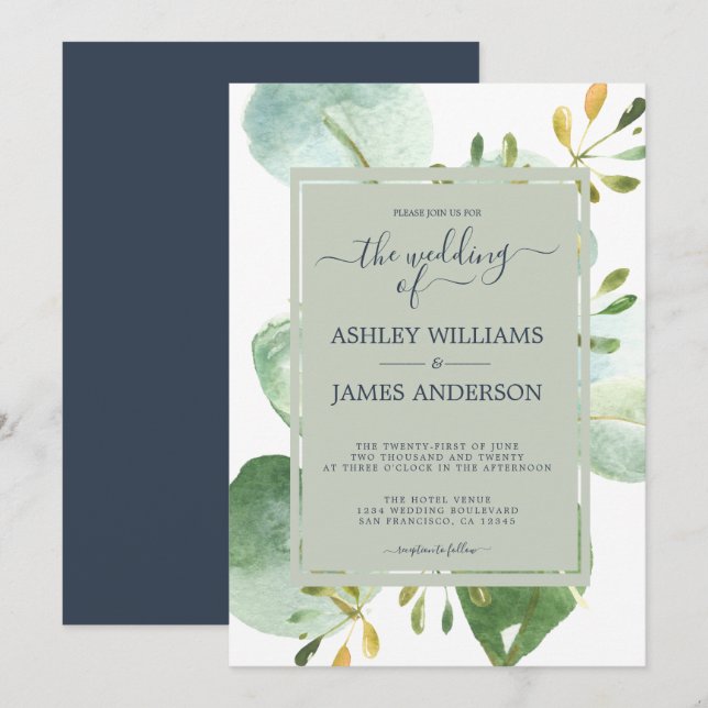 Invitación Moda Navy Blue Green Eucalyptus Boda Botánico (Anverso / Reverso)