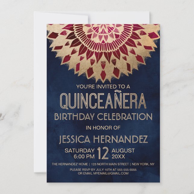 Invitación Moda Navy Burgundy Gold Floral Mandala Quinceañera (Anverso)