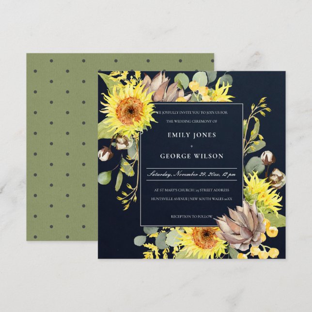 Invitación Moda NAVY FLOWER EUCALYPTUS BODA FLORAL PINO (Anverso / Reverso)