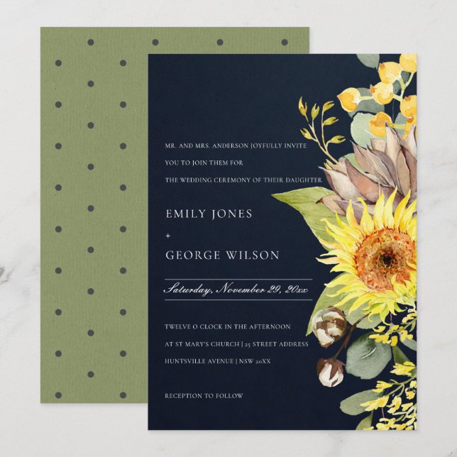 Invitación Moda NAVY FLOWER EUCALYPTUS BODA FLORAL PINO (Anverso / Reverso)