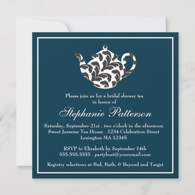 Invitación Moda Navy & White w Damask Bridal Shower Fiesta de (Anverso)
