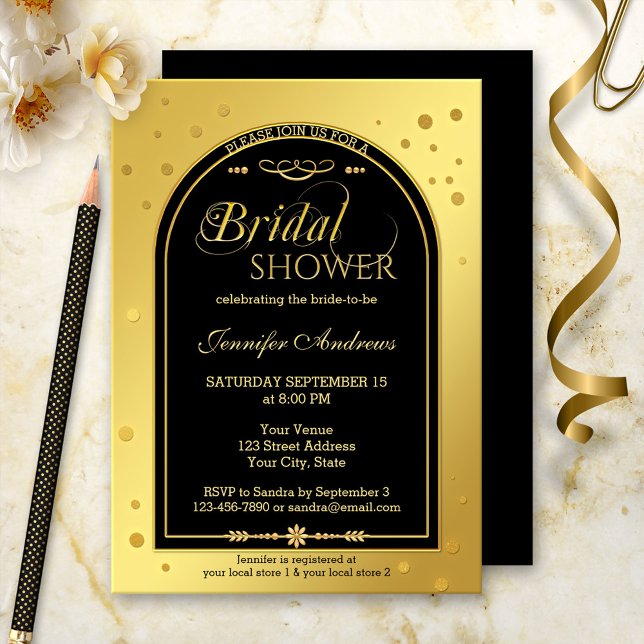 Invitación Moda negra dorada ducha de novia confetti (A bridal shower invitation in black and gold with sparkling confetti. )