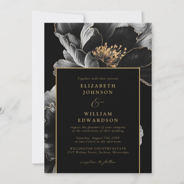 Invitación Moda Negra Y Oro Elegante Floral QR Código Boda (Anverso)