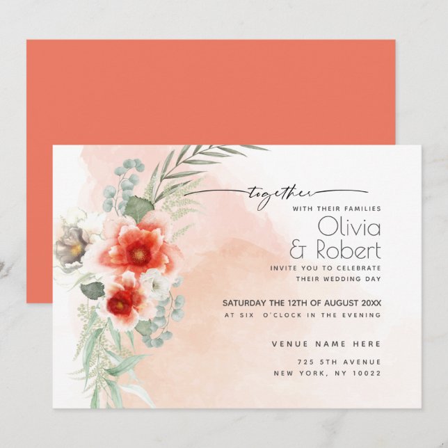 Invitación Moda Negrita Flores de coral de escarlata (Anverso / Reverso)