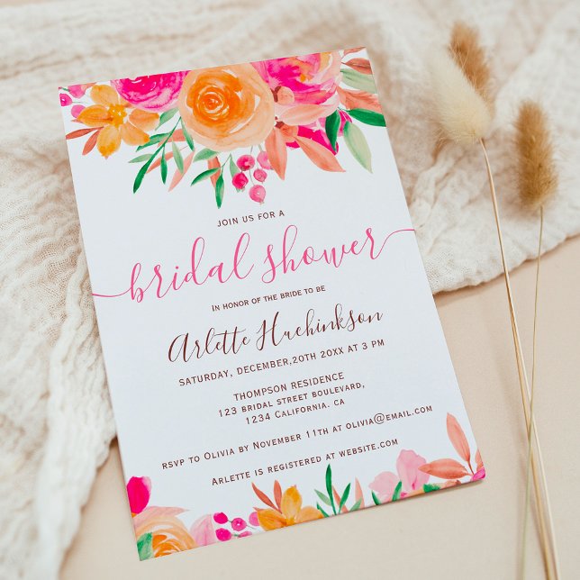 Invitación Moda Negrita otoño floral acuarela ducha de novia (Chic Bold fall floral watercolor bridal shower Invitation)