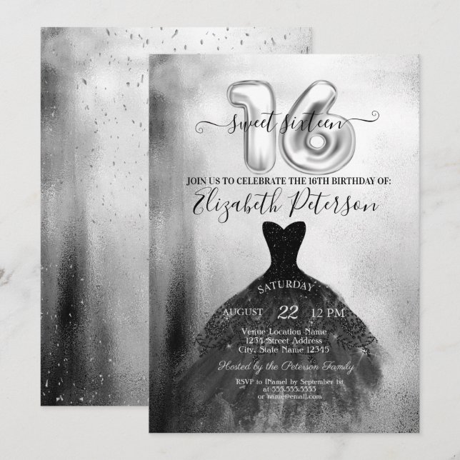 Invitación Moda Negro Vestido Plata Confetti Dulce 16 (Anverso / Reverso)