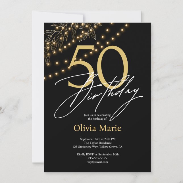 Invitación Moda Negro y Oro Luces 50 cumpleaños (Anverso)