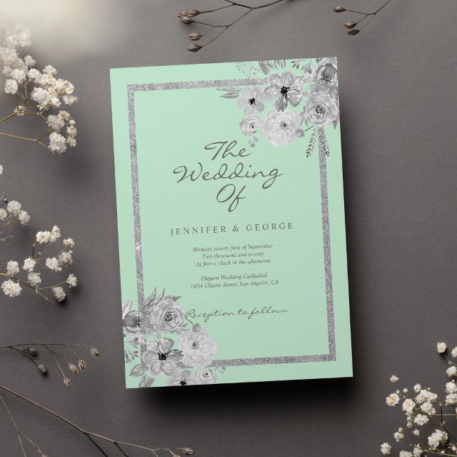 Invitación Moda neomenta purpurina de plata blanca boda flora (Chic neo mint white silver glitter floral wedding)