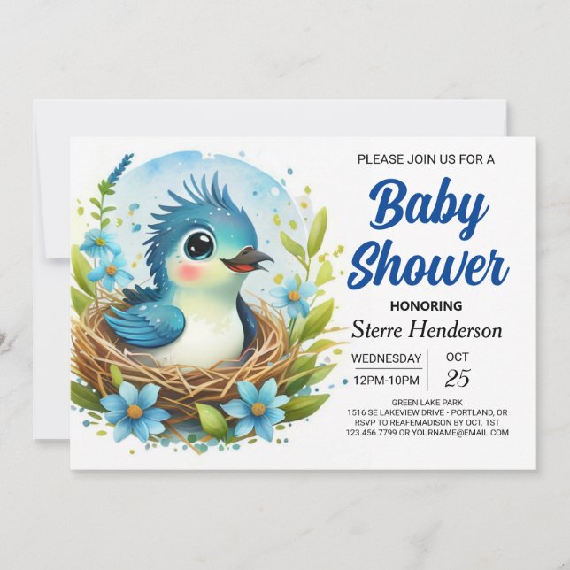 Invitación Moda Nest Blue Bird Boy Baby Shower (Anverso)