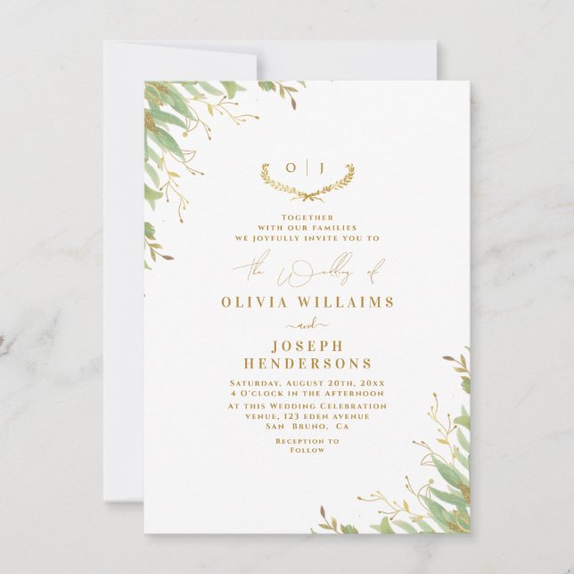 Invitación Moda Neutral acuarela Boda floral Relieve metaliza (Anverso)