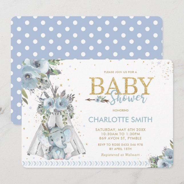 Invitación Moda niño elefante azul tribal Floral Baby Shower (Anverso / Reverso)