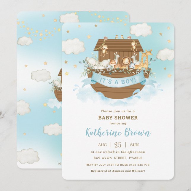 Invitación Moda Noah: Ark Cute Animals Boy Baby Shower Invi (Anverso / Reverso)