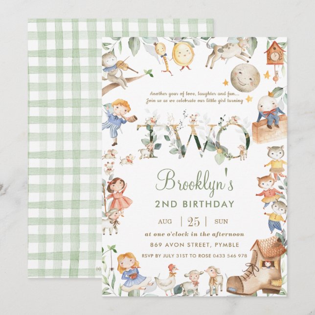 Invitación Moda Nursery Rhyme Greenery 2 cumpleaños Neutral (Anverso / Reverso)