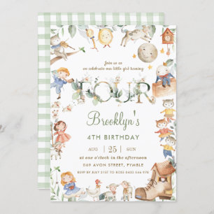 Invitación Moda Nursery Rhyme Greenery 4 cumpleaños Neutral