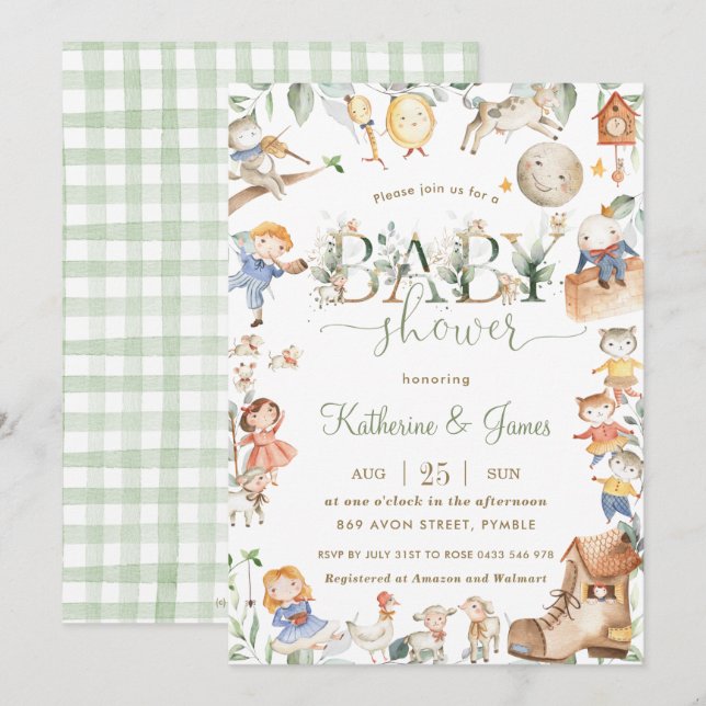 Invitación Moda Nursery Rhyme Greenery Baby Shower Neutral (Anverso / Reverso)