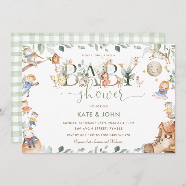 Invitación Moda Nursery Rhyme Greenery Baby Shower Neutral (Anverso / Reverso)