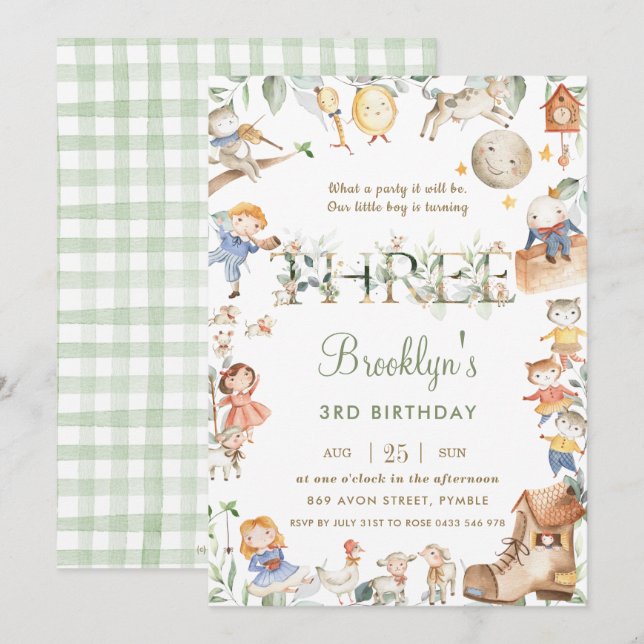 Invitación Moda Nursery Rhyme Greenery Tercer cumpleaños Neut (Anverso / Reverso)