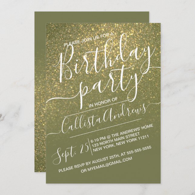 Invitación Moda Olive Green Sparkly Purpurina Ombre Cumpleaño (Anverso / Reverso)