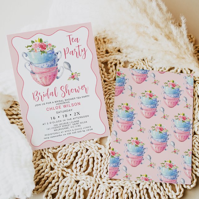 Invitación Moda Onda Rosa Floral Bridal Ducha Té Fiesta (Pink wave bridal shower tea party great for anyone who likes chic invitation designs.)