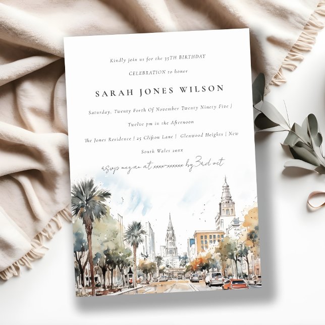 Invitación Moda Orlando Florida Skyline Watercolor Birthday (Subido por el creador)